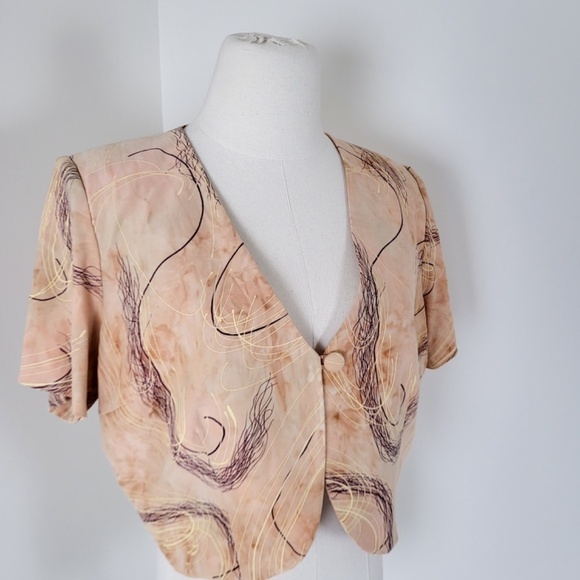 Tan Cropped Cardigan Shoulder Pads Single Button Closure Bolero Shawl Crop - Picture 9 of 10